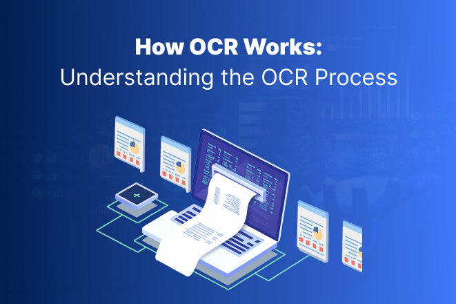 3D illustration of OCR technology showing a computer processing scanned documents with surrounding data charts, symbolizing the OCR process including scanning, text recognition, and data conversion