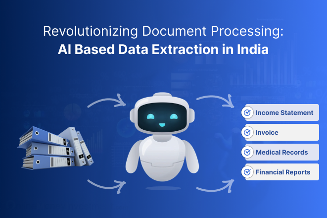Illustration of an AI robot automating document processing with arrows pointing from file folders to categorized outputs like income statements, invoices, medical records, and financial reports, representing AI-based data extraction in India using OCR, NLP, and machine learning.