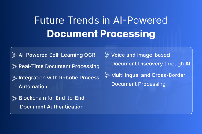 Infographic highlighting future trends in AI-powered document processing, including self-learning OCR, real-time data extraction, RPA integration, blockchain authentication, voice/image-based document discovery, and multilingual document processing for global applications.
