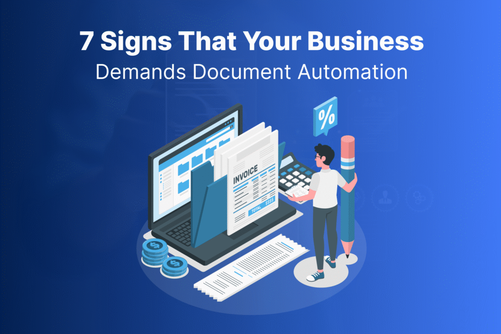 Illustration of a person analyzing invoices, files, and data on a laptop, representing the need for document automation in business workflows using automation anywhere documentation.