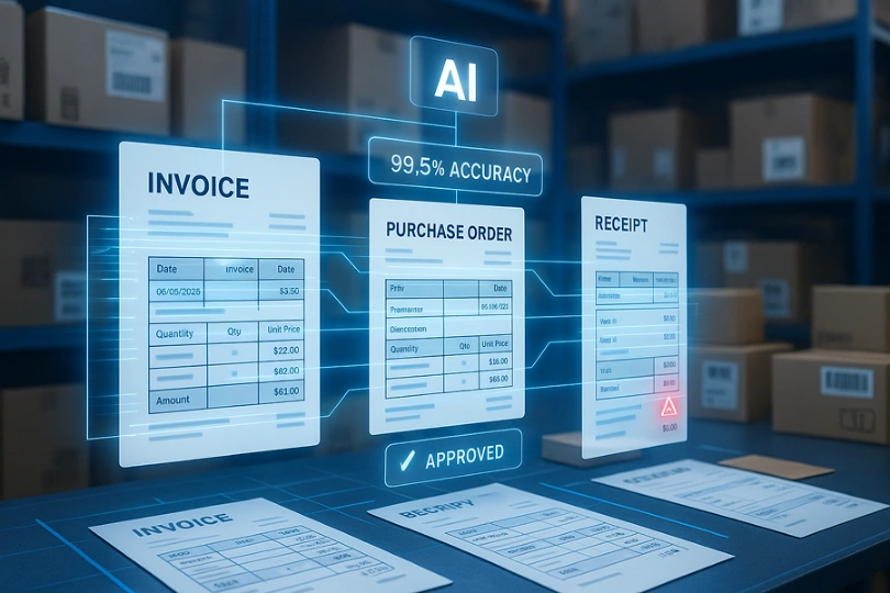 AI-powered invoice data capture system analyzing and matching invoices, purchase orders, and receipts in a warehouse environment, highlighting 99.5% accuracy and automated approval to improve invoice processing efficiency for e-commerce businesses.