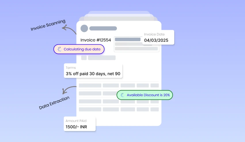Illustration of an invoice being scanned and processed using AI-based OCR, highlighting character recognition, data extraction, and due date calculation, applicable to digitizing medical documents.
