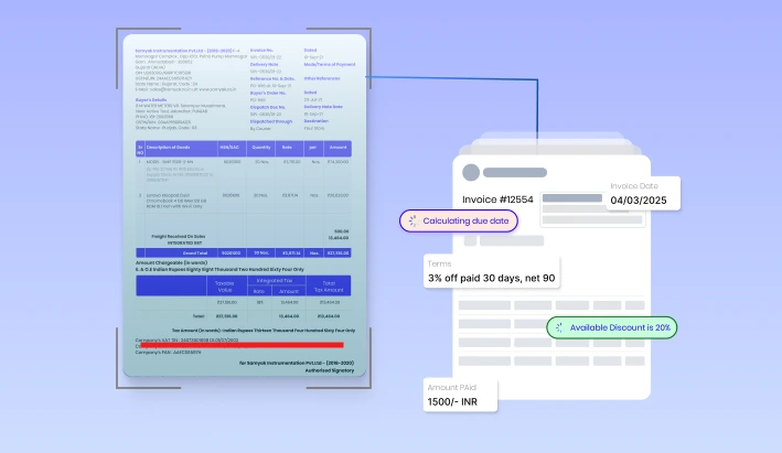 Illustration of AI-powered document extraction system highlighting invoice data like due date, discounts, total amount, and reference numbers using OCR and machine learning technology.