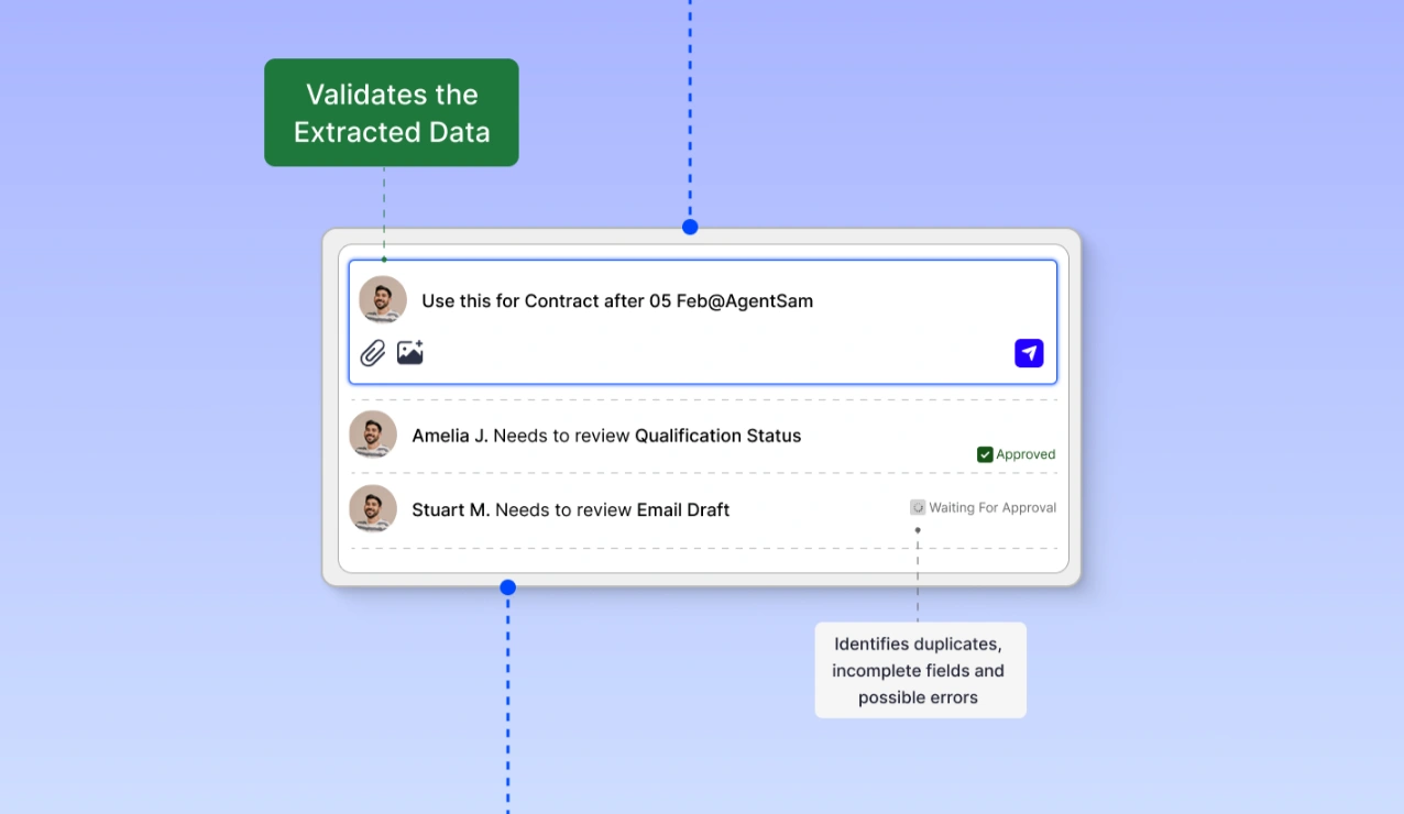 AI-powered receipt OCR interface validating extracted data by checking for duplicates, incomplete fields, and errors, with task assignments and approval workflow to ensure data accuracy and compliance.
