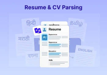 Illustration of AI-powered resume parser highlighting multilingual support for parsing resumes in English, Hindi, Marathi, Tamil, and more, ideal for diverse recruitment needs in India.