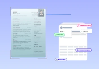 Illustration showing resume being parsed into structured data fields like name and experience using AI, highlighting benefits such as time-saving, improved accuracy, bias reduction, and streamlined hiring.