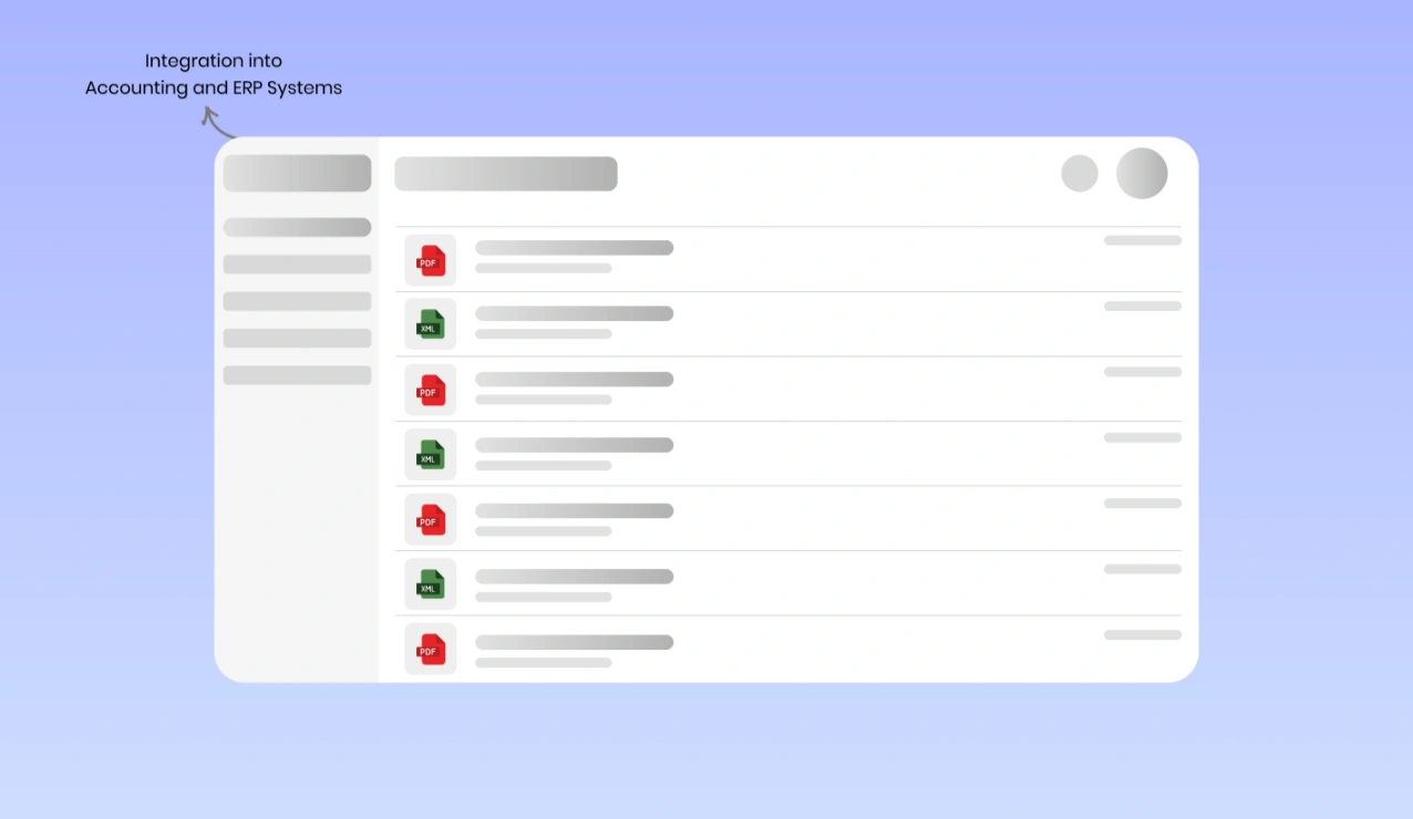 OCR software interface displaying structured receipt data exported in PDF and XML formats, integrated into accounting and ERP systems for streamlined expense management and financial processing.
