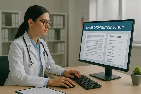 Healthcare professional using AI document detection software to extract patient and insurance data from medical forms on a computer screen, improving compliance, speed, and accuracy in healthcare workflows.