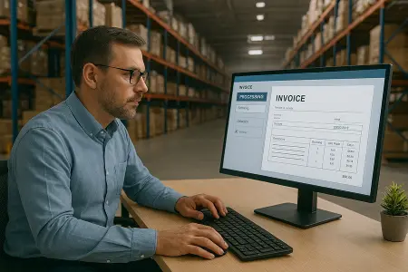 Logistics company employee using AI document extraction software on desktop to scan and process invoices automatically, enhancing speed and accuracy through ERP integration.