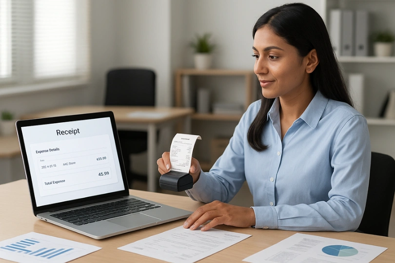 Woman using OCR receipt scanner connected to a laptop displaying extracted expense details like store, date, and total amount, streamlining receipt data capture for faster expense approval and tax compliance.