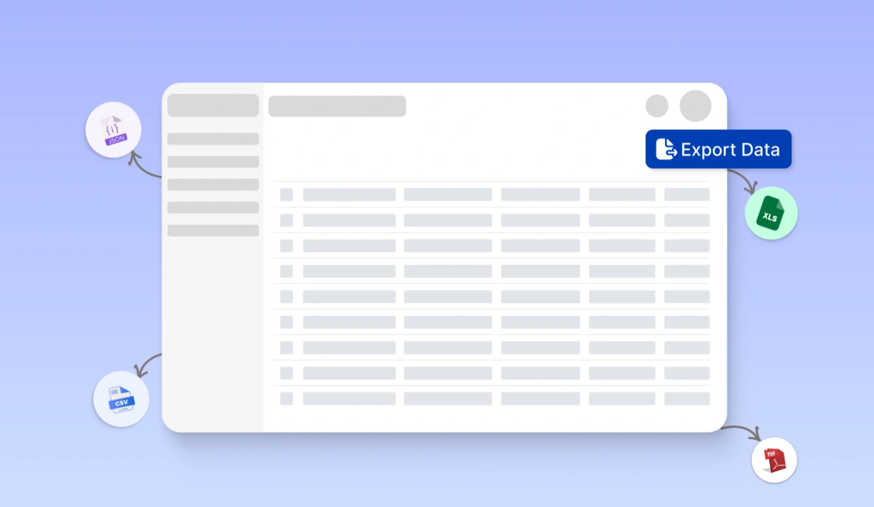 Data extraction interface displaying tabulated invoice details with export options in JSON, CSV, XLS, and PDF formats, representing AI-powered invoice extractor and data classification based on business rules.