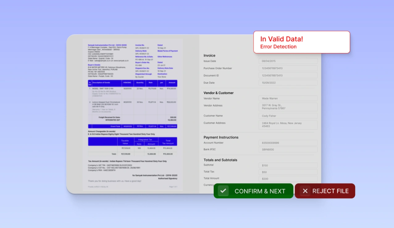 AI invoice data extraction interface displaying an error alert for invalid data, allowing users to compare scanned invoice content with extracted fields to identify discrepancies and ensure accurate invoice capture.
