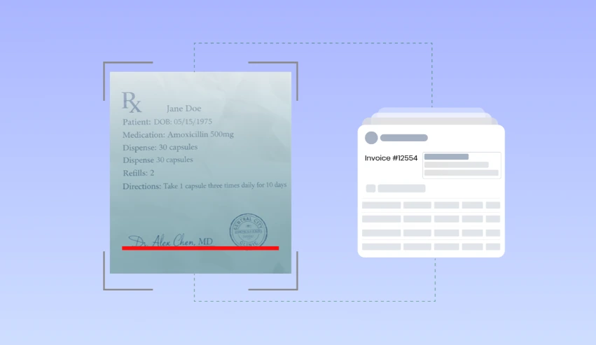 Interface showing preprocessing of a scanned invoice with options to review, edit, and confirm extracted data, highlighting noise removal and contrast adjustment for better OCR accuracy in medical records.