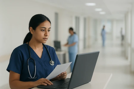 Indian healthcare worker using OCR-enabled system on a laptop while holding medical documents, illustrating faster insurance processing and improved documentation accuracy in hospitals.
