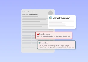 AI-driven OCR system scanning a patient referral form to detect insurance expiration issues, triggering automated alerts and emails, showcasing benefits of OCR for medical records in Indian healthcare.