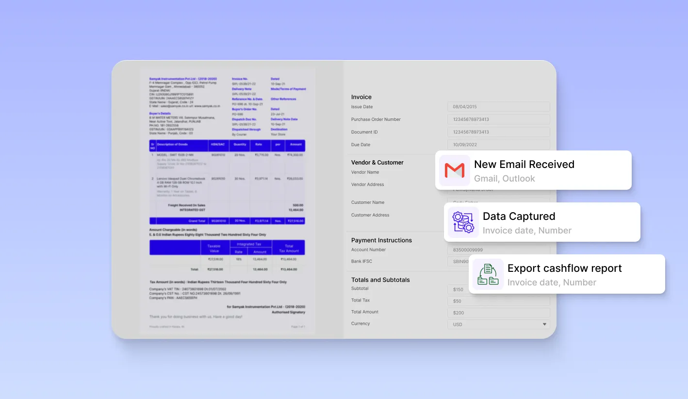 Invoice processing interface showing automatic data capture, email notifications, and cash flow report export, highlighting real-time alerts and reminders in an approval workflow application to reduce delays.
