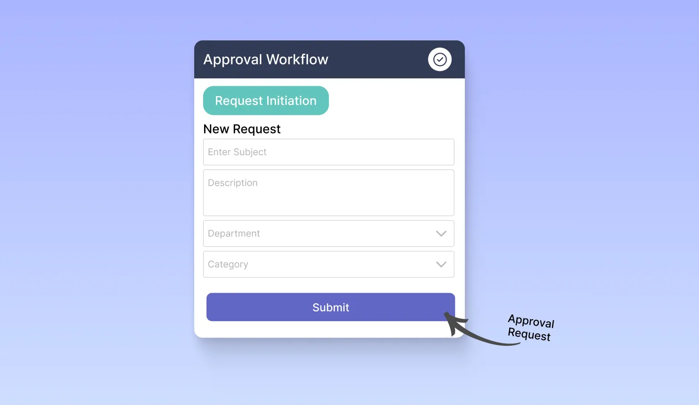 Approval workflow application interface showing a request initiation form with fields for subject, description, department, and category, representing the first step in an automated approval workflow process.