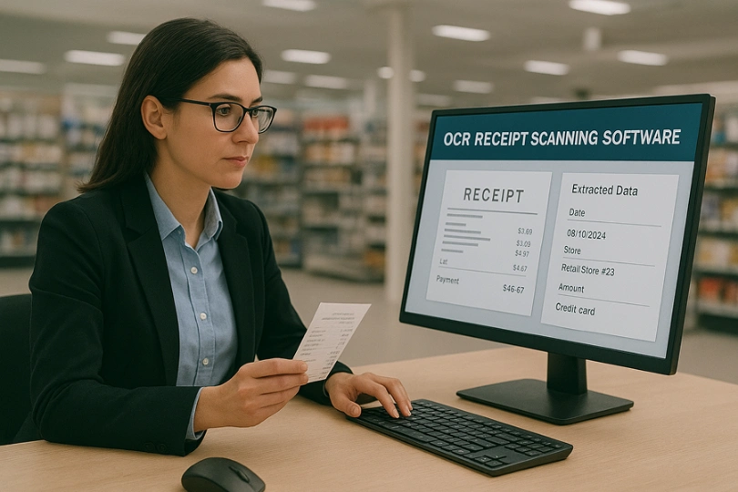 Businesswoman using OCR receipt scanning software on a desktop to extract and validate receipt data, with fields like date, store, amount, and payment method displayed, streamlining retail expense tracking and reconciliation.