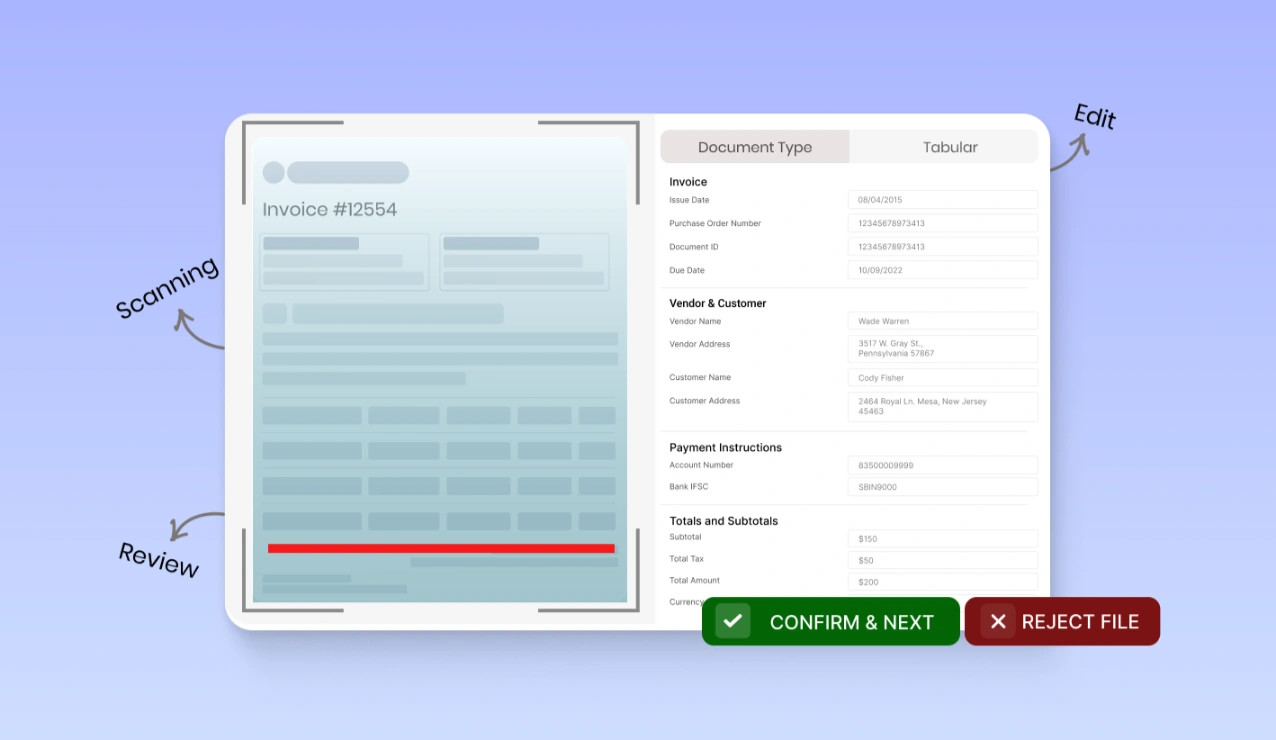 AI tool interface showing extracted invoice details alongside the scanned image, allowing users to review, edit, and confirm data like vendor info, totals, and payment instructions during the image-to-data extraction process.
