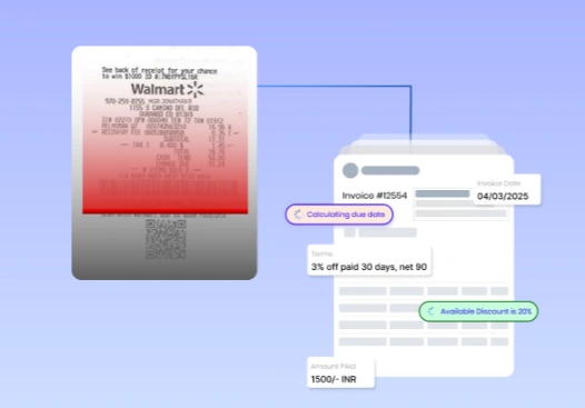 OCR receipt scanning software extracting structured data from a Walmart receipt, converting it into a digital invoice format with fields like invoice date, terms, discount, and amount paid for seamless accounting integration.