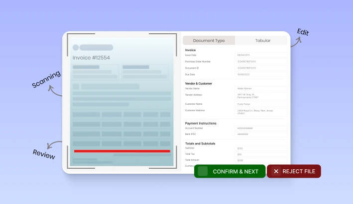 AI document extraction interface showing scanned invoice with structured tabular data including invoice details, vendor info, and totals, ready for validation, editing, or export to formats like JSON or CSV.