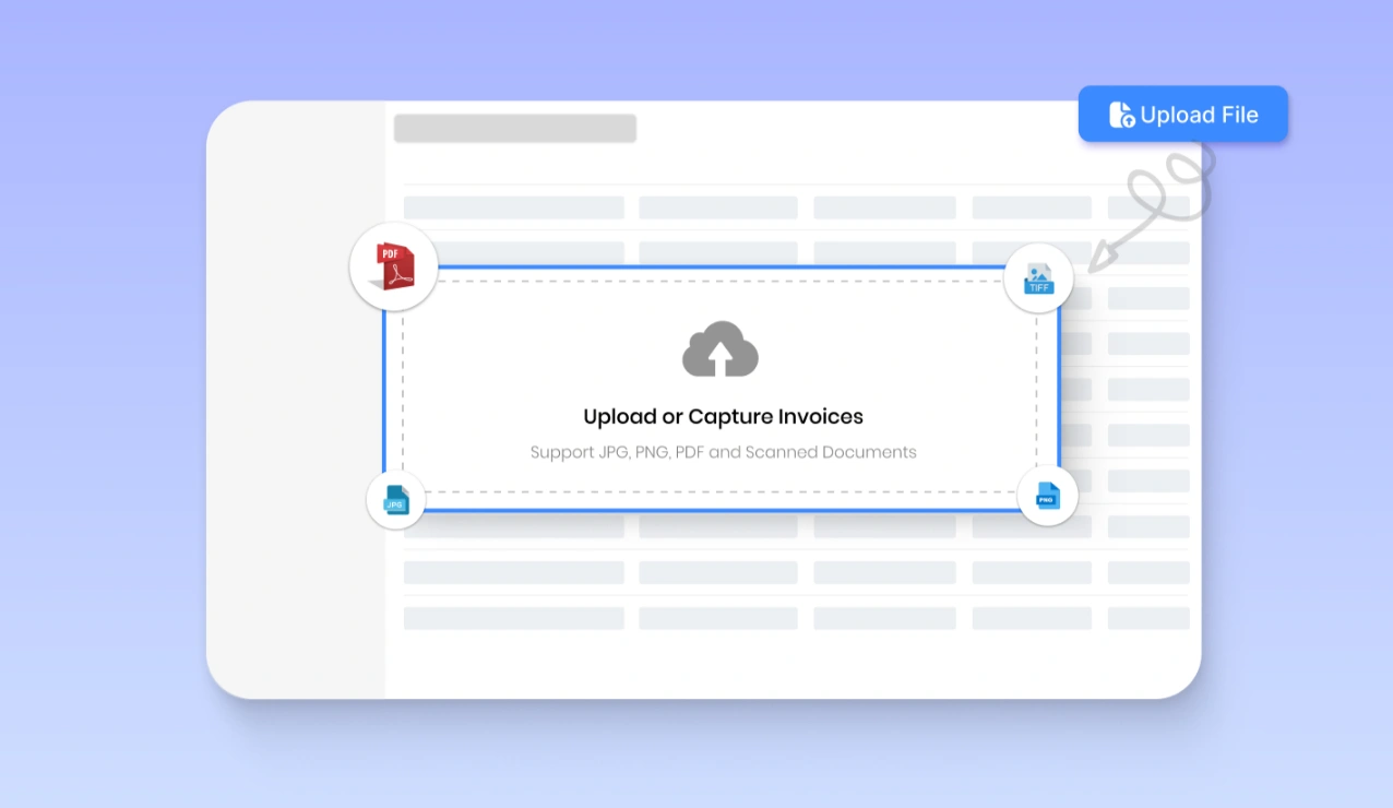 Invoice data capture interface supporting uploads in JPG, PNG, TIFF, and PDF formats for automated invoice extraction and scanning using AI-powered invoice data capture software.