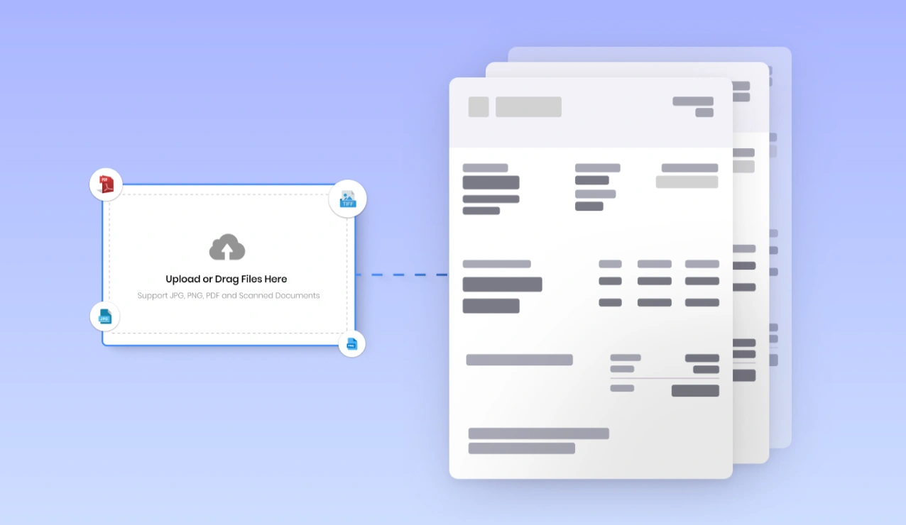 Interface showing receipt upload section supporting JPG, PNG, TIFF, and PDF formats, connected to automated OCR software that scans and extracts receipt data for efficient digital processing.